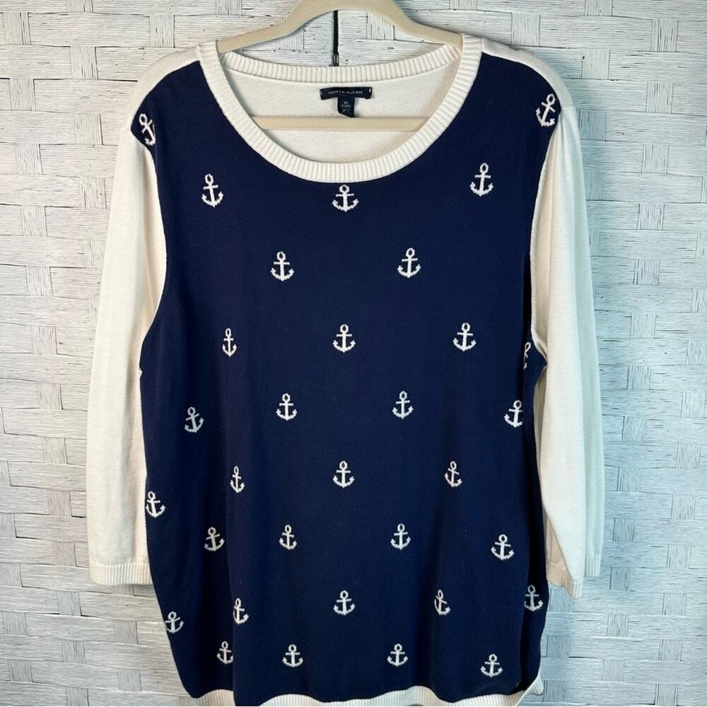 Tommy Hilfiger Anchor-Patterned Sweater ‎ Navy Cream nautical coastal plus size